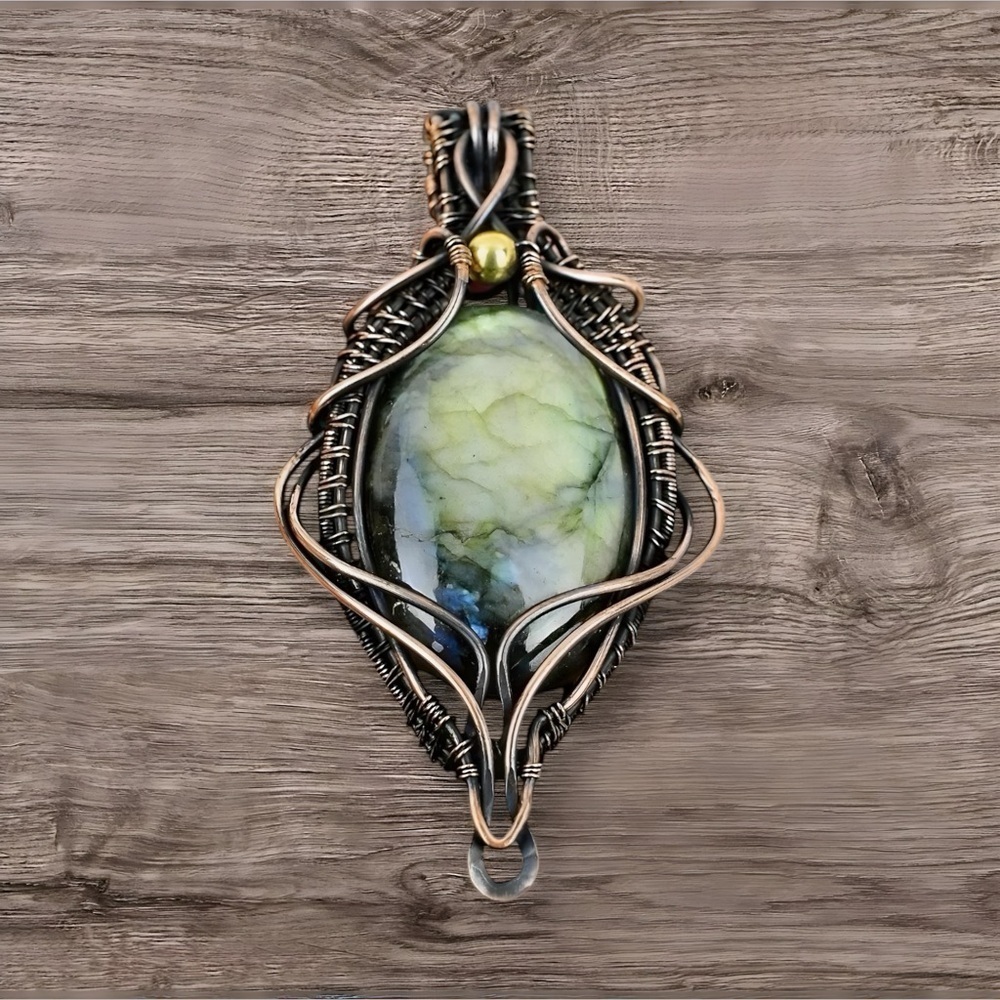 Natural Labradorite Copper Wrapped Handmade Pendant Necklace blue green read